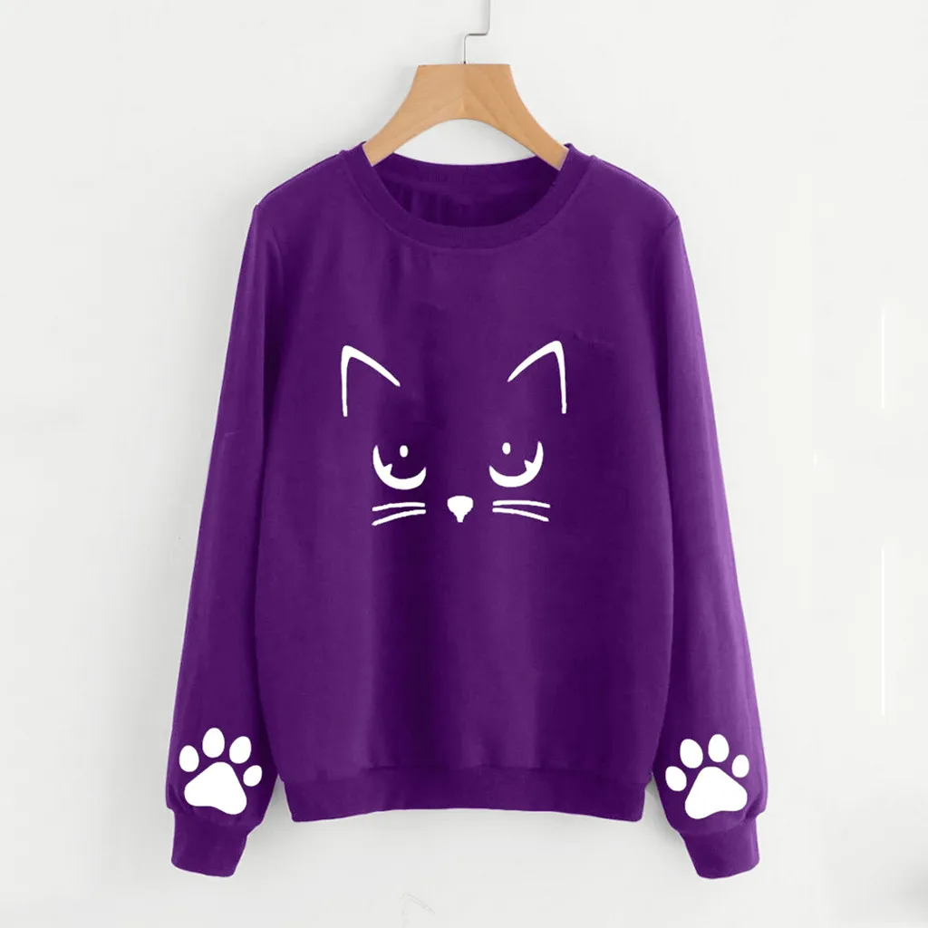 Autumn Winter Women Hoodies Cat Print O Neck Ladies Sweatshirt Casual Long Sleeve Regular Blouse Tops Loose Pullover - Цвет: Purple