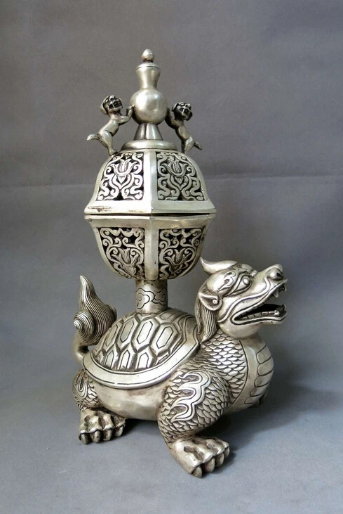 

12" China silver fine censer Foo Dog Lion Dragon Turtle incense burner Statue