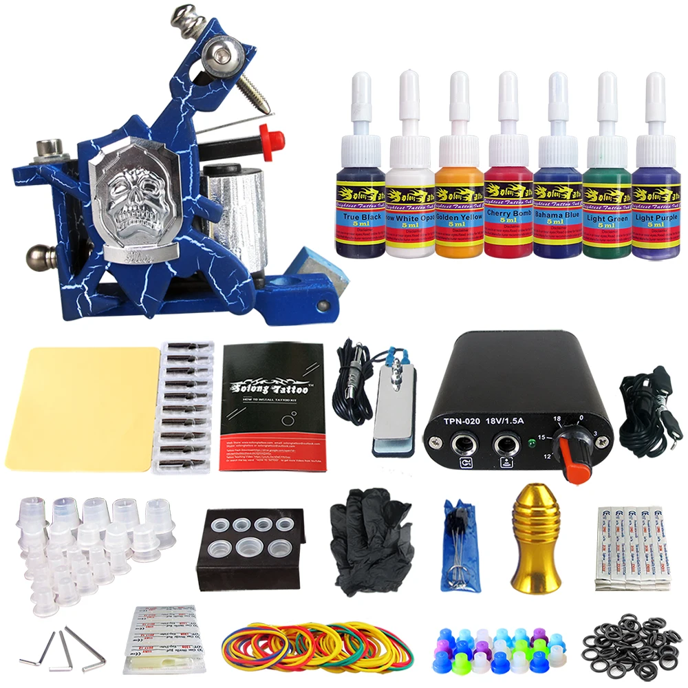 

Hybrid Complete Tattoo Coil Machine Kit For Liner Shader Power Supply Foot Pedal Needles Grip Tips Tattoo Body&Art TK105-27