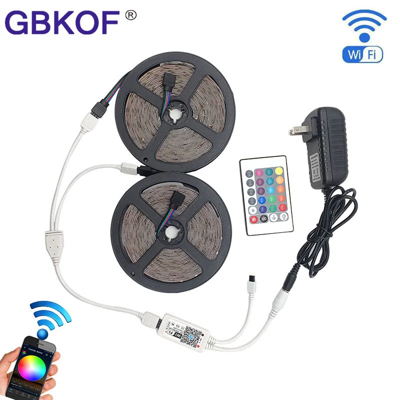 

IP20 / IP65 waterproof RGB LED Strip light 5M 10M LED lighting 3528 2835 SMD LED Tape+DC 12V Power Adapter+WiFi/ 24key Control