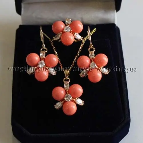 

FREE SHIPPING8MM Pink South sea Shell Pearl Earrings /Ring / Necklace Pendant Set AAA