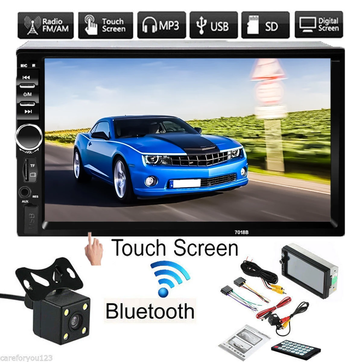 

Kroak 7'' inch LCD Touch Screen Car Radio Player Bluetooth Hands Free 2Din MP5 MP3 FM AUX with Car Rear View Camera