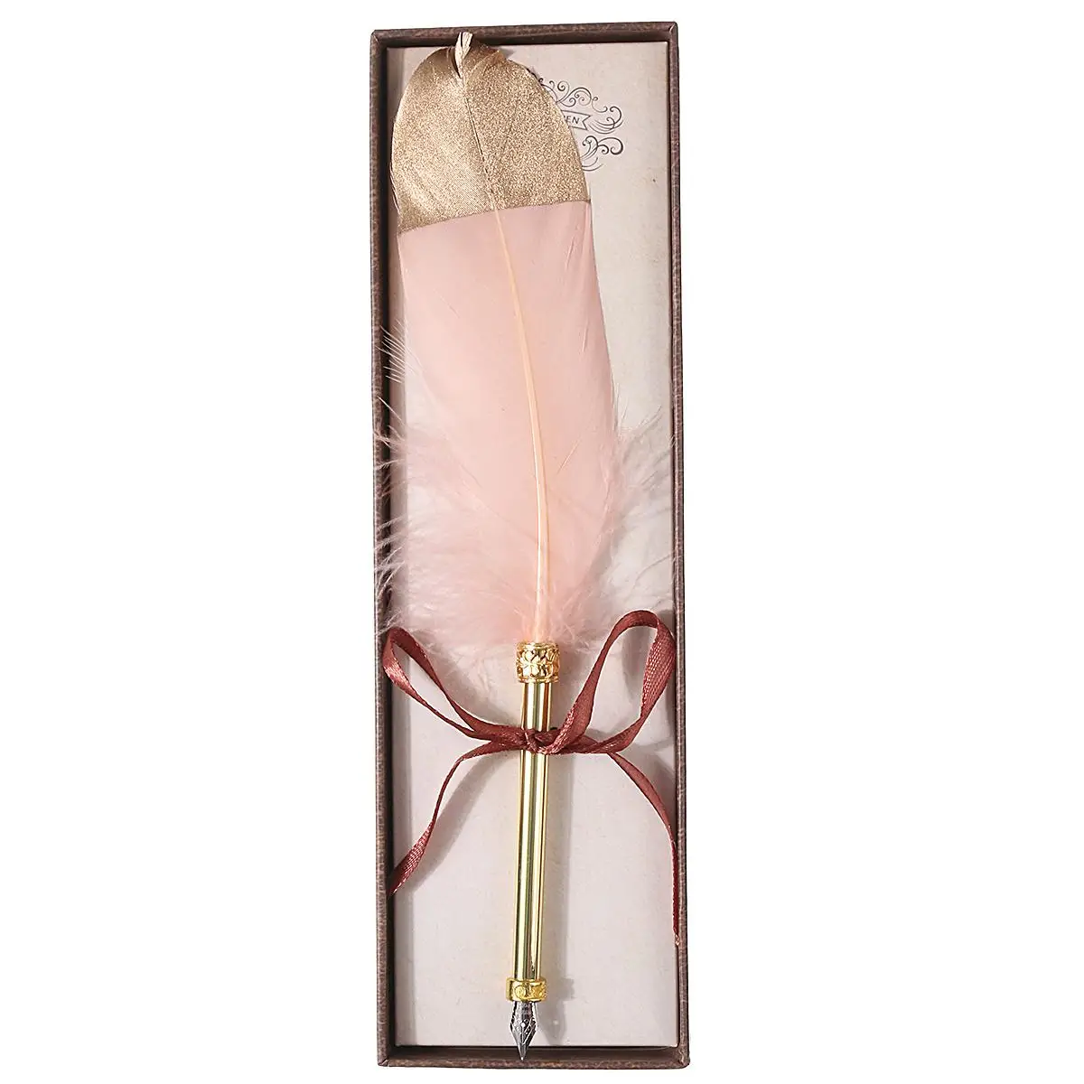 Винтажные перьевые ручки с белым перьевым пером, принадлежности для каллиграфии, для свадебного декора, вечерние перьевые ручки с подарочной коробкой - Цвет: Розовый
