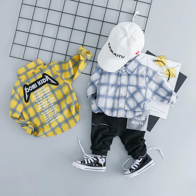 

2019 New spring autumn baby boys Casual Clothing Sets Children kids fashion Plaid shirt Tops Pants bow tie Suits clothes
