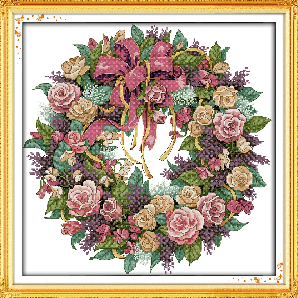 

A wreath of roses cross stitch kit 18ct 14ct 11ct count printed canvas stitching embroidery DIY handmade needlework