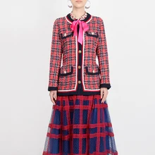Женская Осенняя куртка Новая модная Высококачественная дизайнерская клетчатая женская верхняя одежда красное твидовое короткое пальто с длинным рукавом
