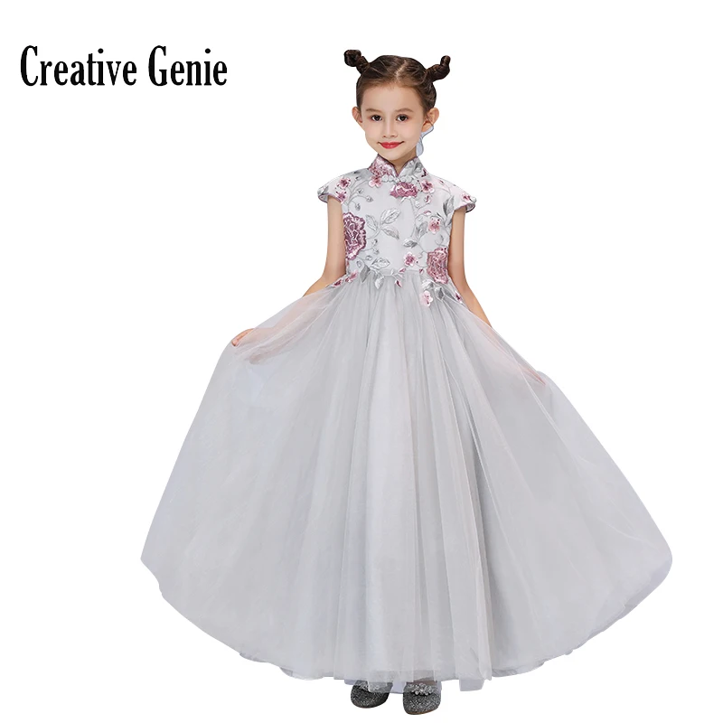 Grey Flower Girl Dresses 2018 Short Sleeve Dress For Girls Half High Neck Applique Party And Wedding |