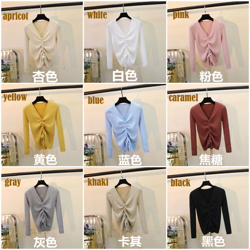 Casual Lace Up Knitted Sweater Women Skinny Slim Knitting Pull Femme Jumper Crop Top Winter Sweater Tricot Pullover Candy Colors (3)