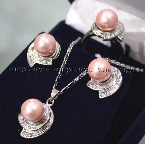 

10MM Pink South sea Shell Pearl Earrings Ring & Necklace Pendant Set AAA style Fine Noble real Natural shipping
