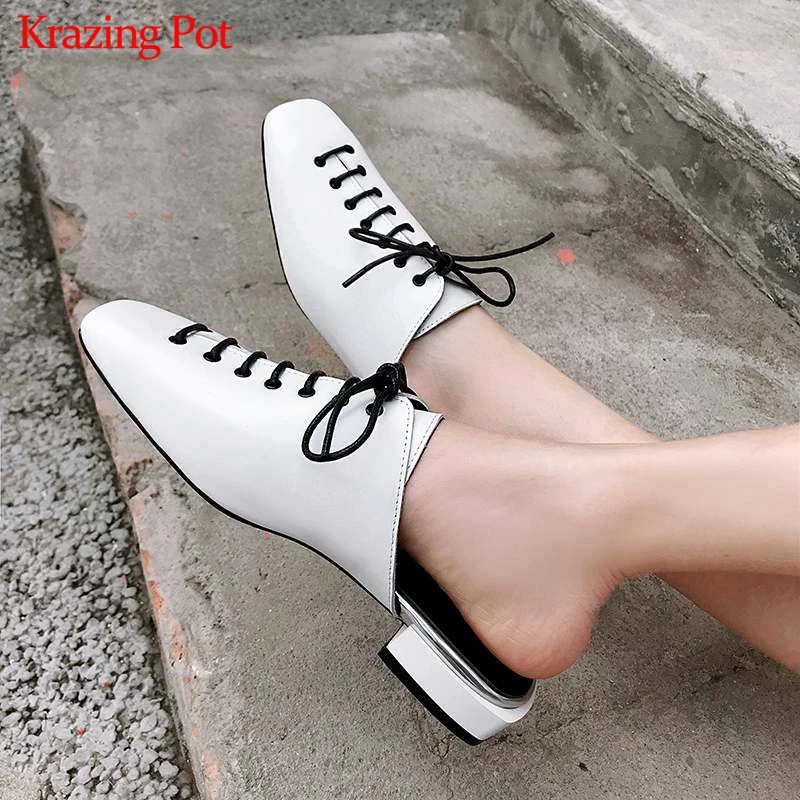 

Krazing Pot full grain leather square toe lace up decoration simpleoutside slippers low heels concise style European mules l15
