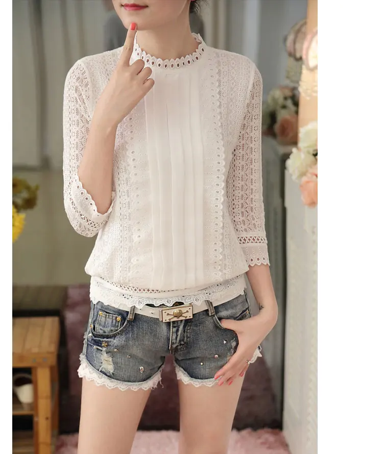 Stand Collar Three-Quarter Sleeves Pleated Hollow Out Lace Blouse