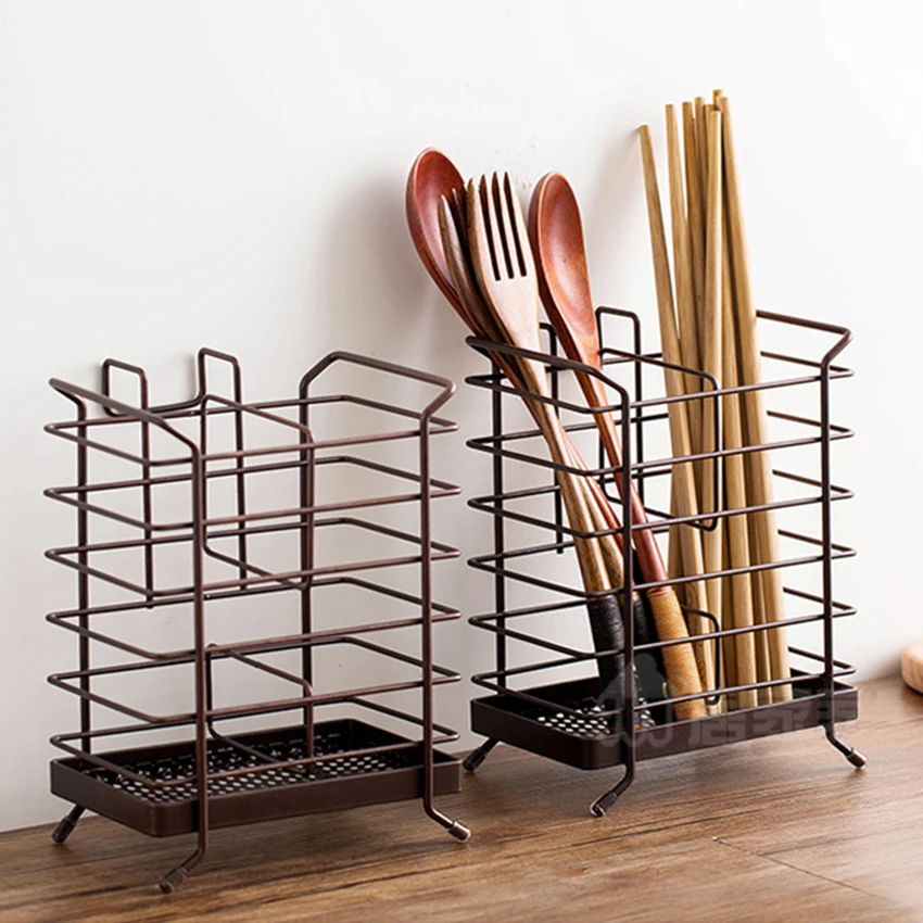 

Double-grid Chopsticks Storage Cage Cooking Fork/Spoon/Knife Drain Basket Stand Cookware Iron Chopstick Holder Rack Kitchen