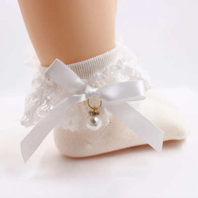 Милые кружевные носки с оборками для малышей Мягкие хлопковые носки принцессы с жемчужным бантом для маленьких девочек носки для маленьких детей подарок meia infantil