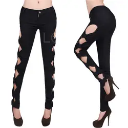 Модные женские рваные сексуальные с боковым бантом, с вырезами, винтажные джинсовые тонкие колготки, леггинсы, черные, размер M