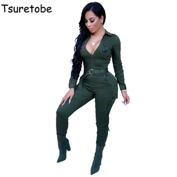

Tsuretobe Casual Bandage Jumpsuit For Women Bodycon Fashion Elegnat Bodysuit Female Package Long Sleeve Overalls Slim V Neck