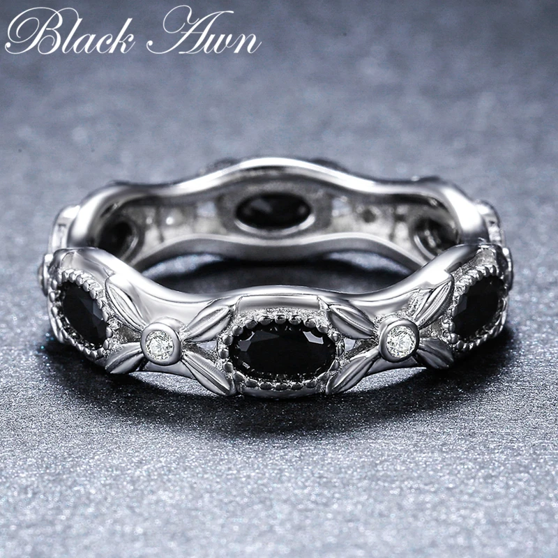 

[BLACK AWN] Genuine 925 Sterling Silver Jewelry Rings for Women Trendy Round Party Finger Ring G085