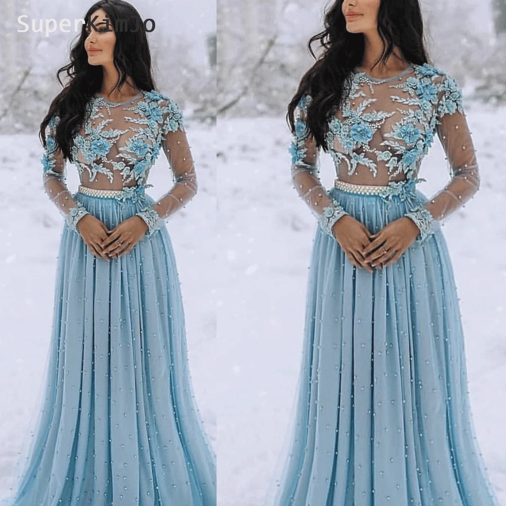 SuperKimJo вышитые бисером платья для выпускного вечера 2019 Vestidos De Fiesta De вечернее платье Elegantes синяя кружевная аппликация цветами ручной работы