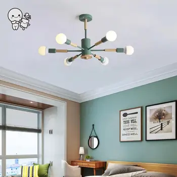 

Colored Iron Wood Ceiling Light Fixture Nordic Contemporary Hanging Lamp Lustre Plafon for Foyer Living Room Bedroom E27 Bulb