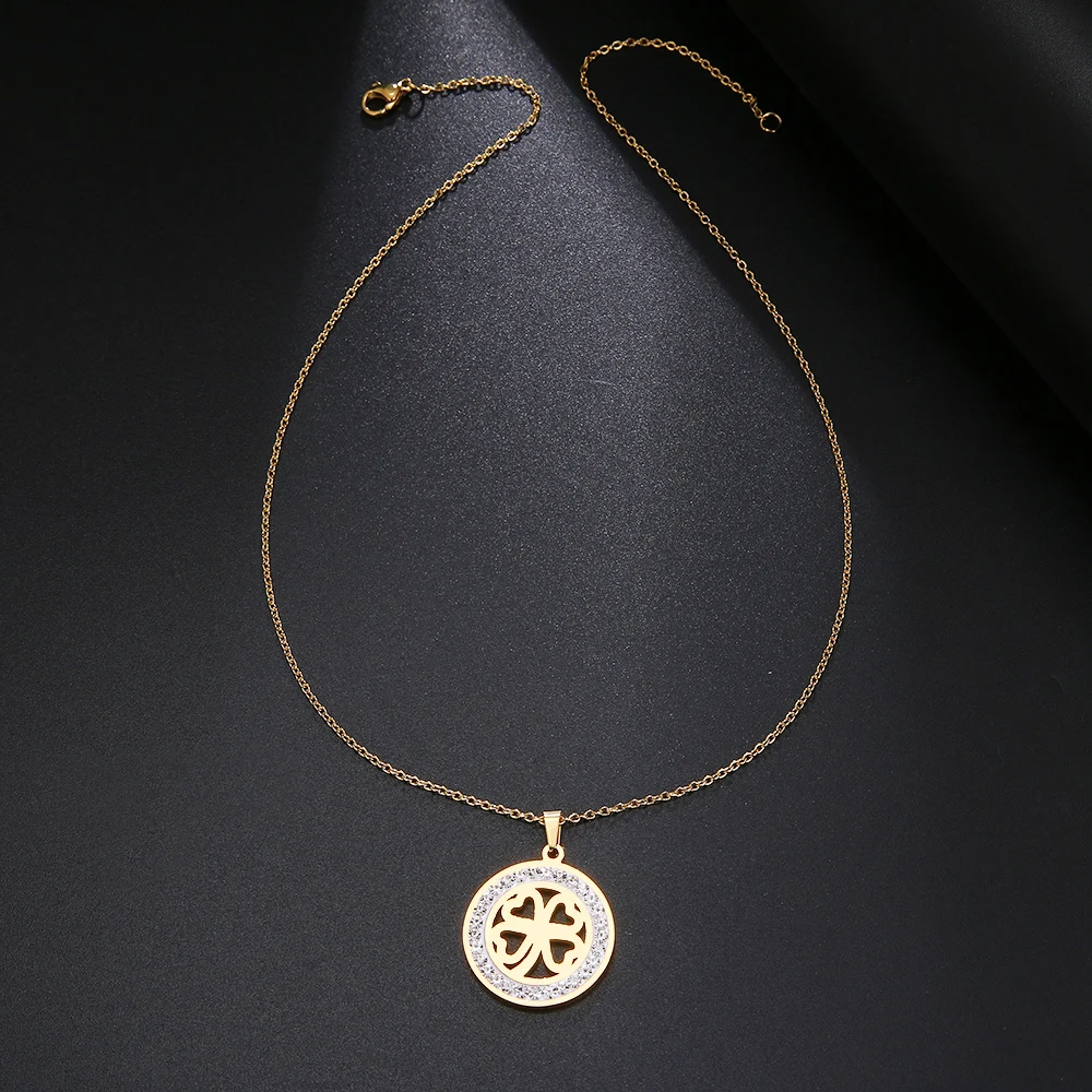 Cacana Stainless Steel Crystal Round Pendants Necklace Women Jewelry Hollow clover Donot Fade Valentine's Day Gift (1)