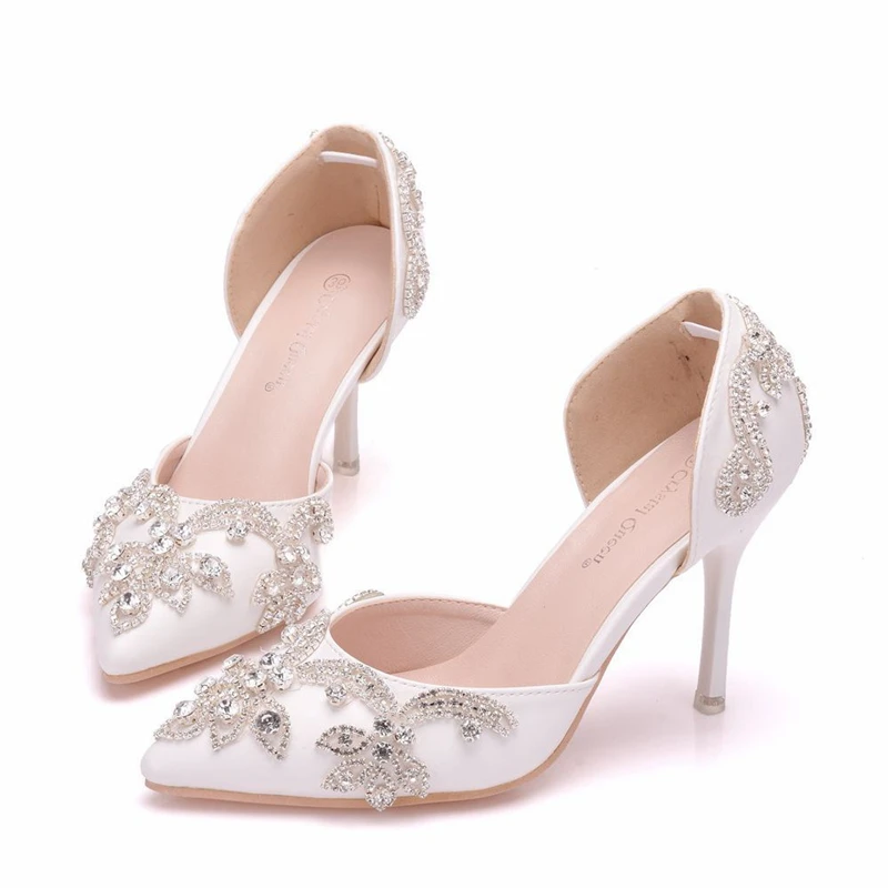 

New White Silver Rhinestone Pumps High Heel Sandals Pointed Toe Wedding Party Heels Shoes Rhinestone Heels Shoes XY-B0240