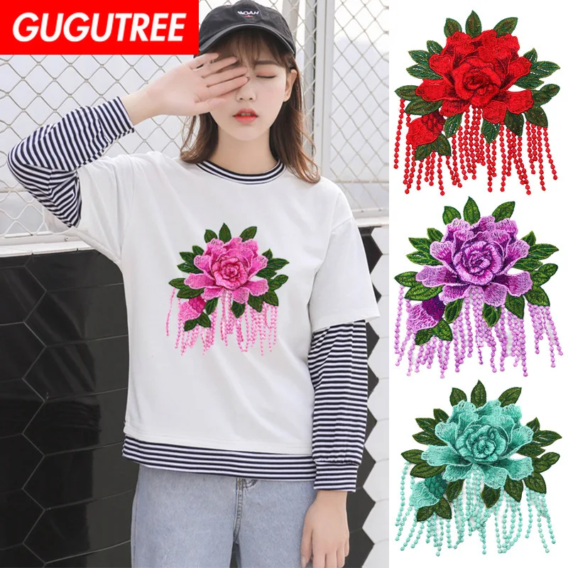 

GUGUTREE embroidery Sequins big rose patches flower patches badges applique patches for clothing XC-57