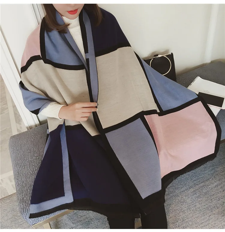 Chanycore Colorblock bow Fashion Winter scarf cashmere pashmina women scarfs Colorblock double-sided warm thick shawl for ladies