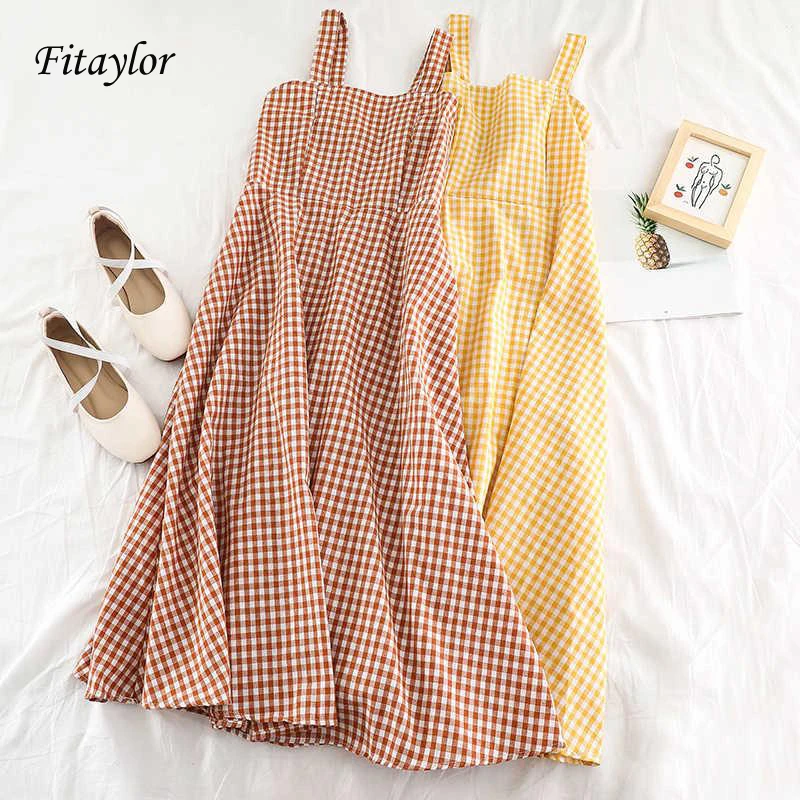 

Fitaylor 2019 New Girl Elegant Sundress Slash Neck Off Shoulder High Waist Small Plaid Pattern Slim Ladies Chic Spaghetti Dress