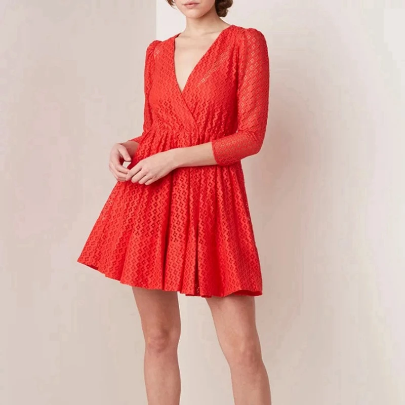 

2019 High Quality Runway Dress Women Sexy V Neck Hollow Out Lace Mini Dress Female Red White Holiday Party Dresses201