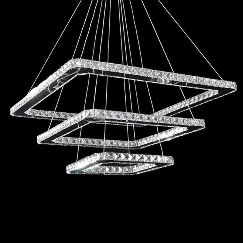 Современный светодиодный подвесной светильник Прозрачный кристалл из нержавеющей стали 90-265 в подвесной светильник Квадратные Кольца