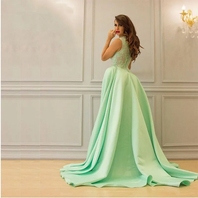 JaneVini Sexy Arabic A Line Evening Dresses Long O Neck Lace Appliques Beaded Side Split Satin Plus Size Women Formal Dress 2019