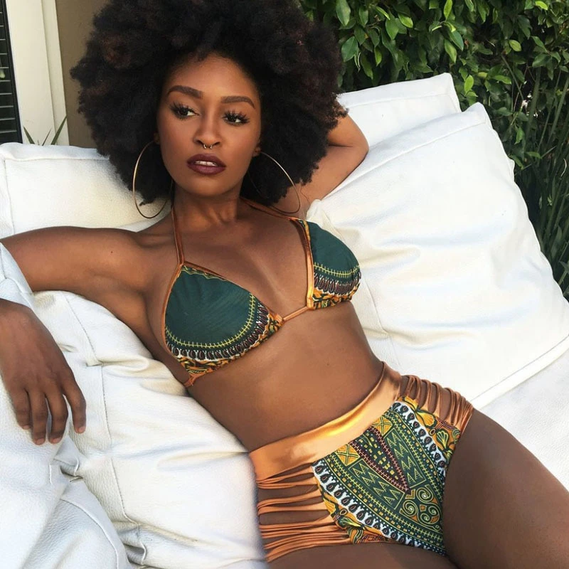 

QIANG YI 2018 Summer Push Up Sexy Bikinis Set Swimwear Women Swimsuit Female Hollow Gold Bandage Beach Halter Bathing Suit S