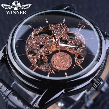 

Winner 2017 Fashion Black Design Full Black Bezel Hollow Engraving Men Watch Top Brand Luxury Automatic Skeleton Wrist Watches