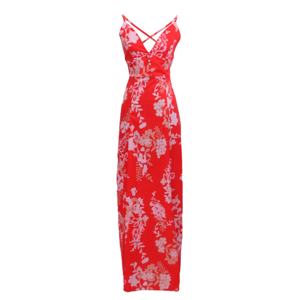 Женское сексуальное платье на бретельках с глубоким v-образным вырезом и красным принтом, Пляжное платье, вечернее Клубное женское платье с открытой спиной, пляжная юбка A30530