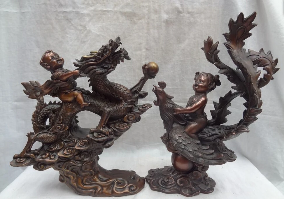 

14" Chinese Pure Bronze Kid Child Girl Boy Ride Dragon Phoenix Statue Pair