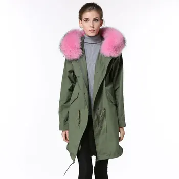 

High quality Korean design fashion army green jackets for women Spring pink raccoon fur hooded coats