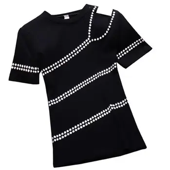 

Summer t-shirt women 2019 diamond beading short-sleeved hollow out slim o-neck cotton top tees