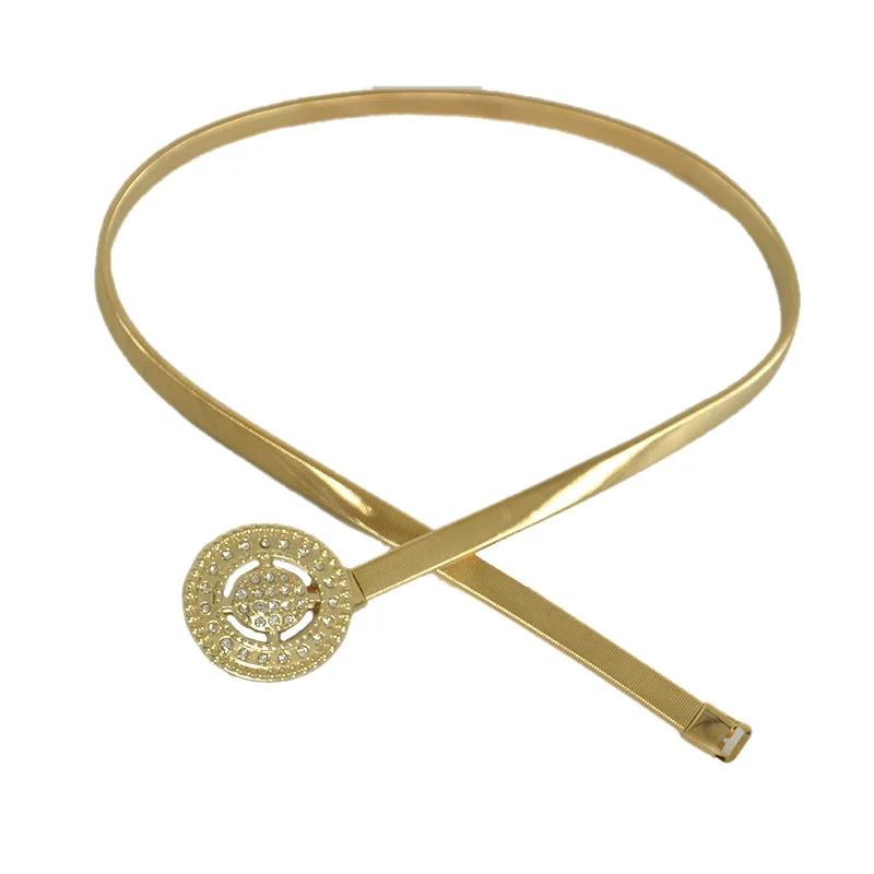 

2019 New Gold Silver Thin Skinny Metal Waist Chain Belt Women Rhinestone Crystal Round Circle Square Buckles Belts for Dresses