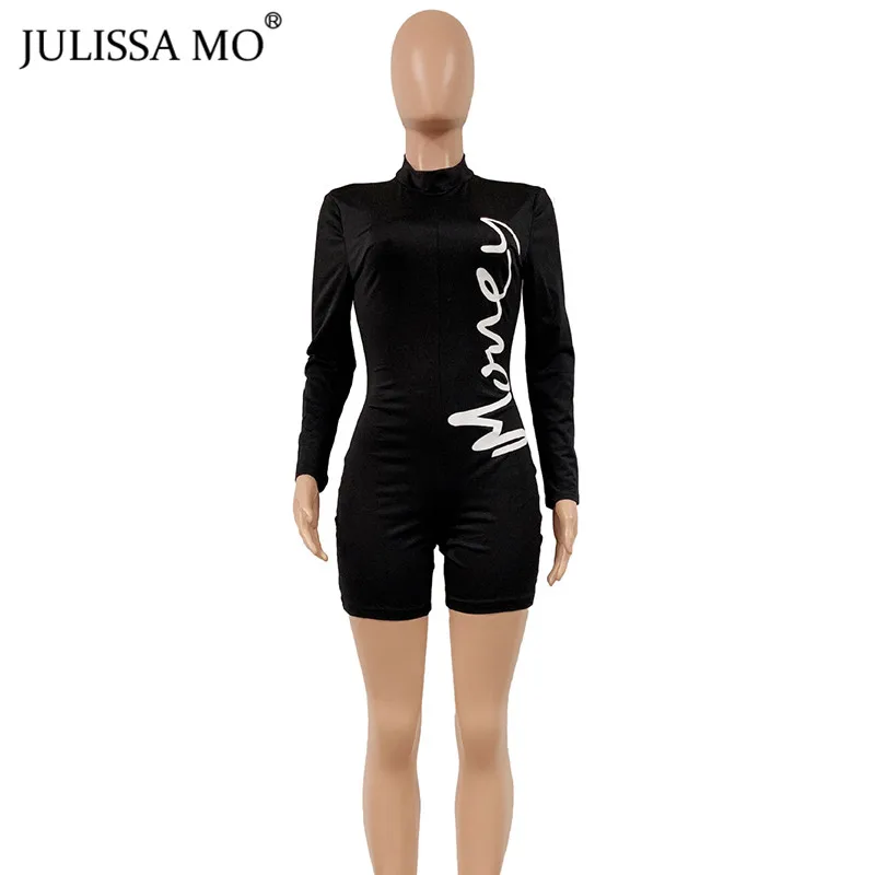 Черный Julissa mo, с буквенным принтом, сексуальный Облегающий комбинезон, женские комбинезоны,, длинный рукав, Облегающий комбинезон, водолазка, Повседневный, фитнес-костюм - Цвет: Черный