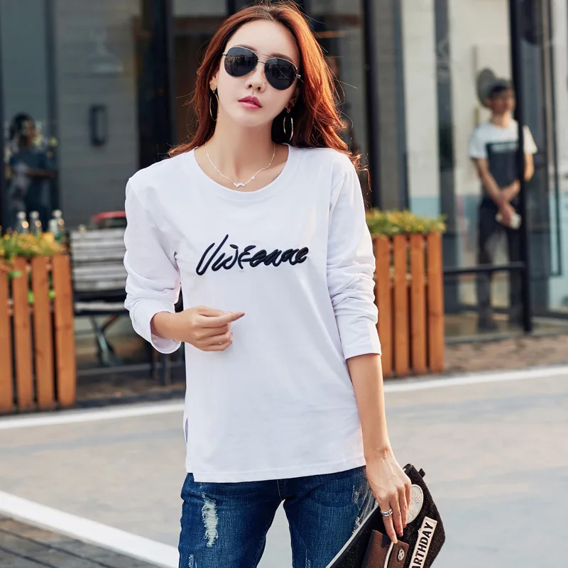 

New 2019 Plus Size T Shirt Women Tops Tees Long Sleeve T-shirts For Women Letter Embroidery Cotton Female T-shirt Camisas Mujer