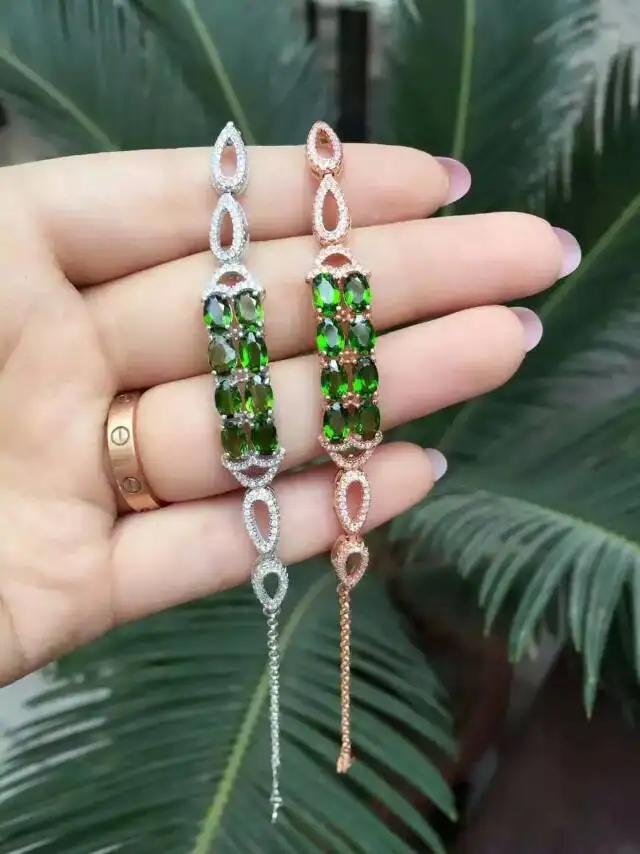 Bracelet diopside vert naturel pierres précieuses naturelles élégant ligne géométrie chaîne Bracele