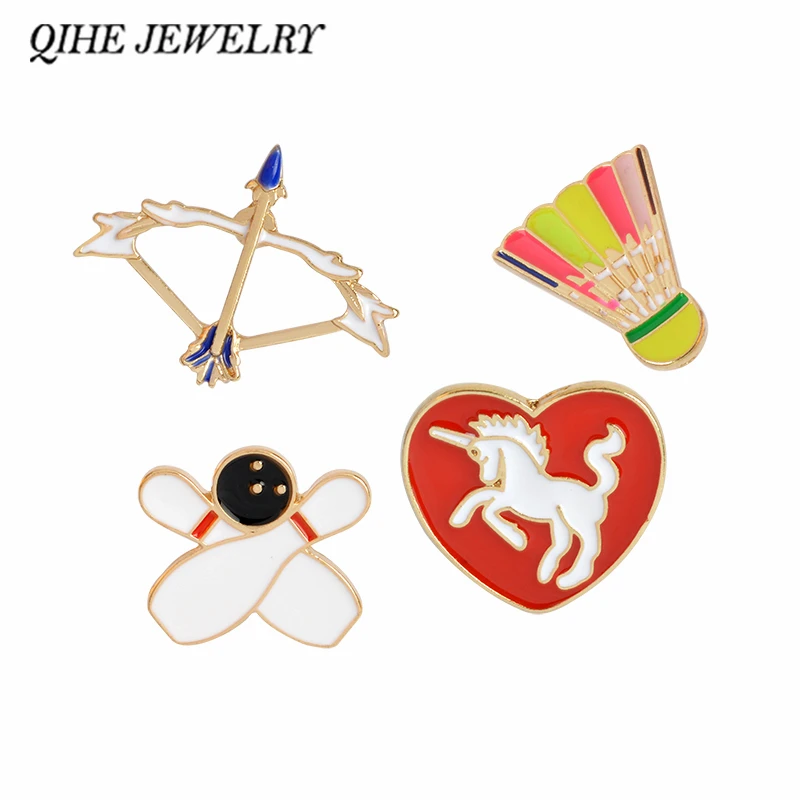 

QIHE JEWELRY Heart Shape Animal Badminton Bowling Arrow Brooch Pins Enamel Badge Hat Pin Women Fashion Jewelry