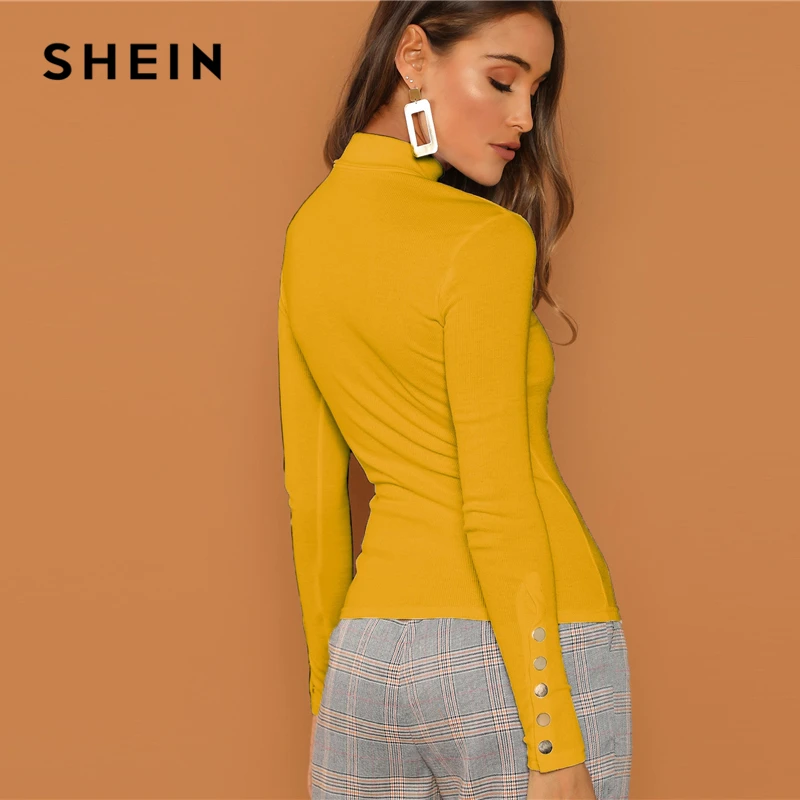 SHEIN Облегающий Топ С Пуговицами Яркая Однотонная Водолазка Отделкой Офисный
