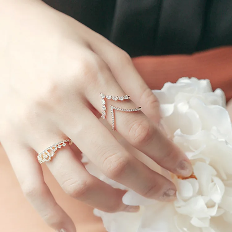 double line open ring Cubic Zirconia rose golden fadeless alloy fashion jewelry rings Valentine