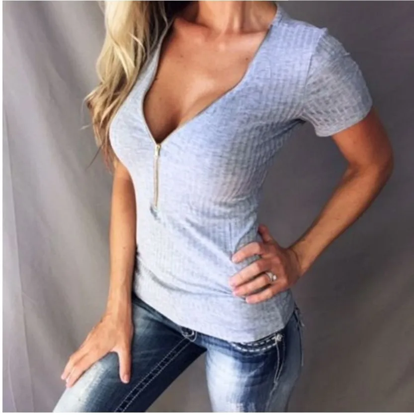 

Short-sleeved Sexy Zipper Women's Veck T Shirt Solid Acrylic Casual V-Neck Solid Short Tops Tees Spring Summer Womens's T Shirt