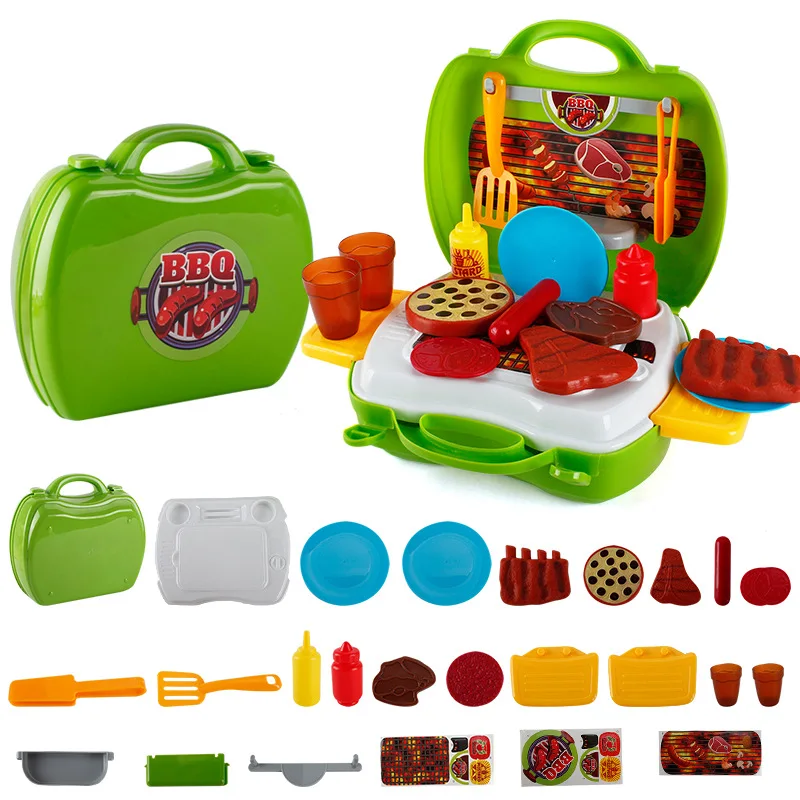 3 типа ролевые игры дети Моделирование кухня приготовления пищи играть столовая посуда барбекю пиццы чемодан детская пластмассовая игрушка набор