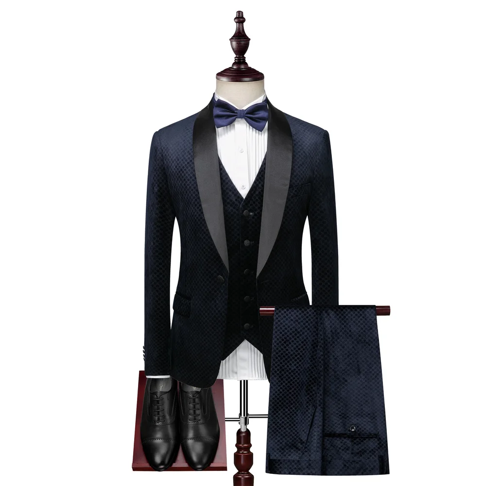 New Shawl Collar Male Velvet Suit Navy Blue Wedding Suits For Men Slim Fit Suit Male Elegant Prom 3-piece set Jacket Pants Vest
