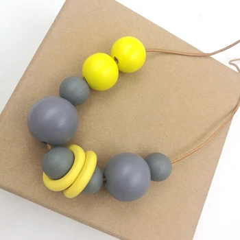 Bohemia free maxi necklace grey and yellow colorful simple wooden necklace women mint everyday jewelry NW125