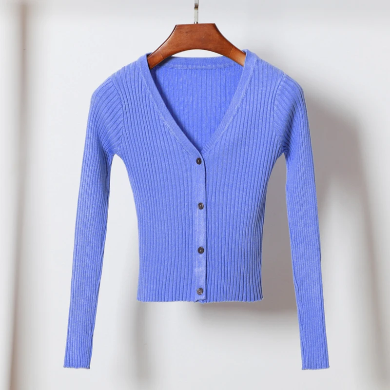 Spring Autumn Women V-Neck Knitted Full Sleeve Cropped Sweaters Cardigans Lady Knit Short Stretchy Outwear Coat Top for Female