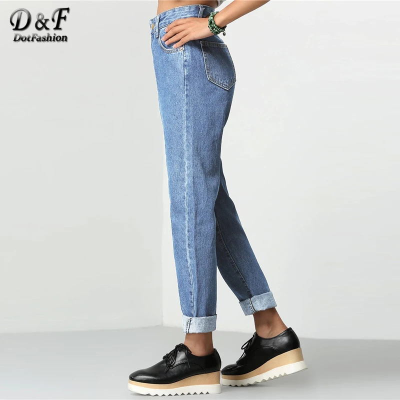 Dotfashion Blue Roll Cuff Boyfriend Jeans Woman 2019 Autumn Casual Straight Leg High Waist Jeans Streetwear Korean Fashion Pants Dotfashion Blue Roll Cuff Boyfriend Jeans Woman 2019 Autumn Casual Straight Leg High Waist Jeans Streetwear Korean Fashion Pants