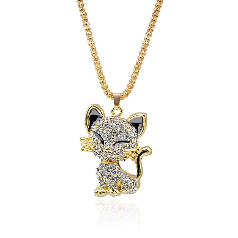 Animal Cat Necklaces Pendants Creative Cute Rhinestone Cat Popcorn